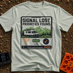 Signal Lost Bliss - T-Shirt in Bay - A graphic of a white camper van parked in front of green and white mountains, above...
