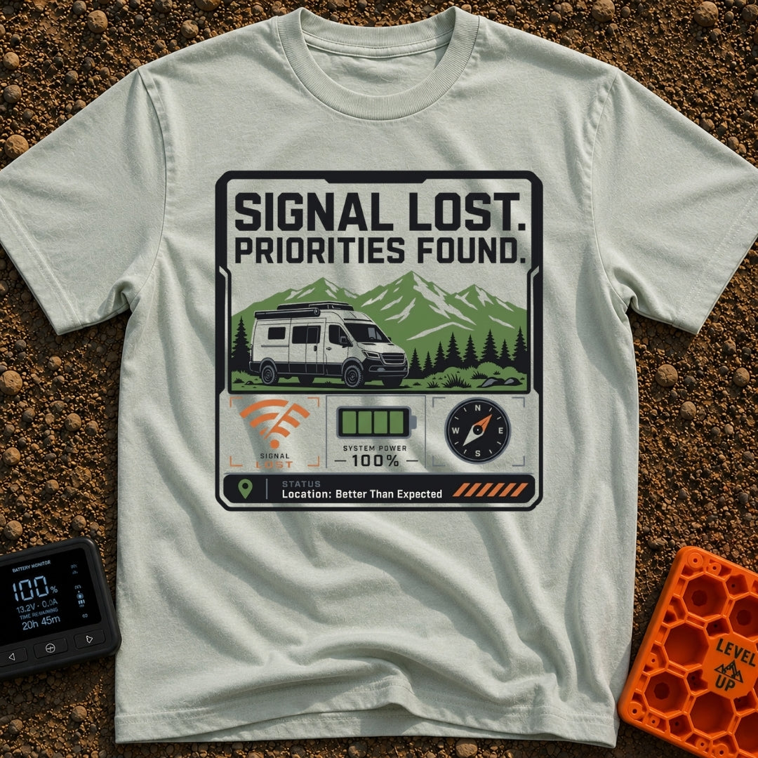 Signal Lost Bliss - T-Shirt in Bay - A graphic of a white camper van parked in front of green and white mountains, above...