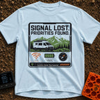 Signal Lost Bliss - T-Shirt in Chambray - A graphic of a white camper van parked in front of green and white mountains,...