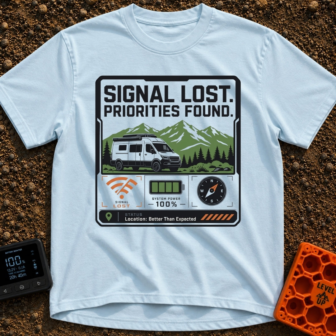 Signal Lost Bliss - T-Shirt in Chambray - A graphic of a white camper van parked in front of green and white mountains,...