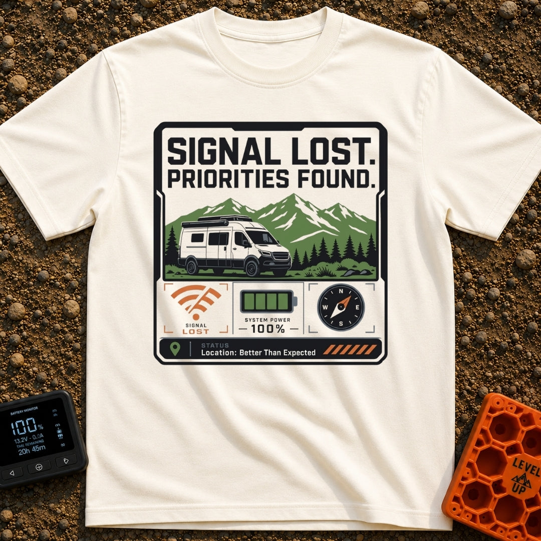 Signal Lost Bliss - T-Shirt in Ivory - A graphic of a white camper van parked in front of green and white mountains,...