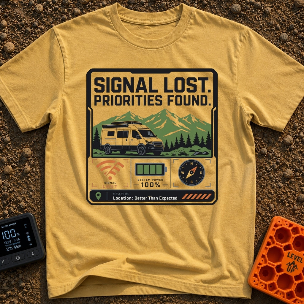 Signal Lost Bliss - T-Shirt in Mustard - A graphic of a white camper van parked in front of green and white mountains,...