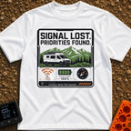 Signal Lost Bliss - T-Shirt in White - A graphic of a white camper van parked in front of green and white mountains,...