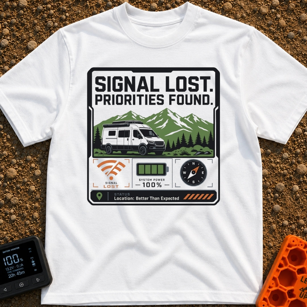 Signal Lost Bliss - T-Shirt in White - A graphic of a white camper van parked in front of green and white mountains,...