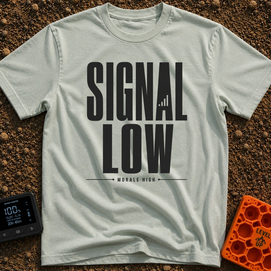 Low Signal High Vibes - T-Shirt in Bay - A typographic design featuring the words "SIGNAL LOW" in large block letters,...