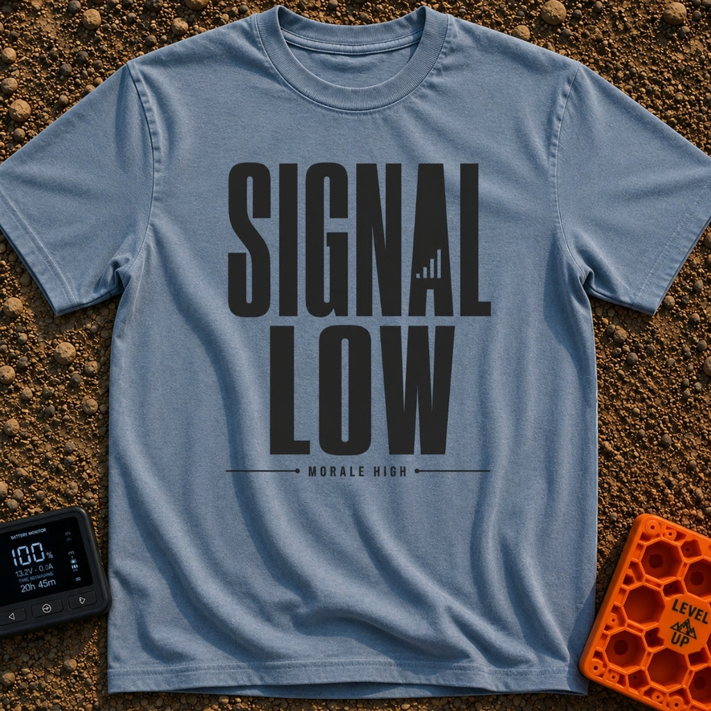 Low Signal High Vibes - T-Shirt in Blue Jean - A typographic design featuring the words "SIGNAL LOW" in large block...