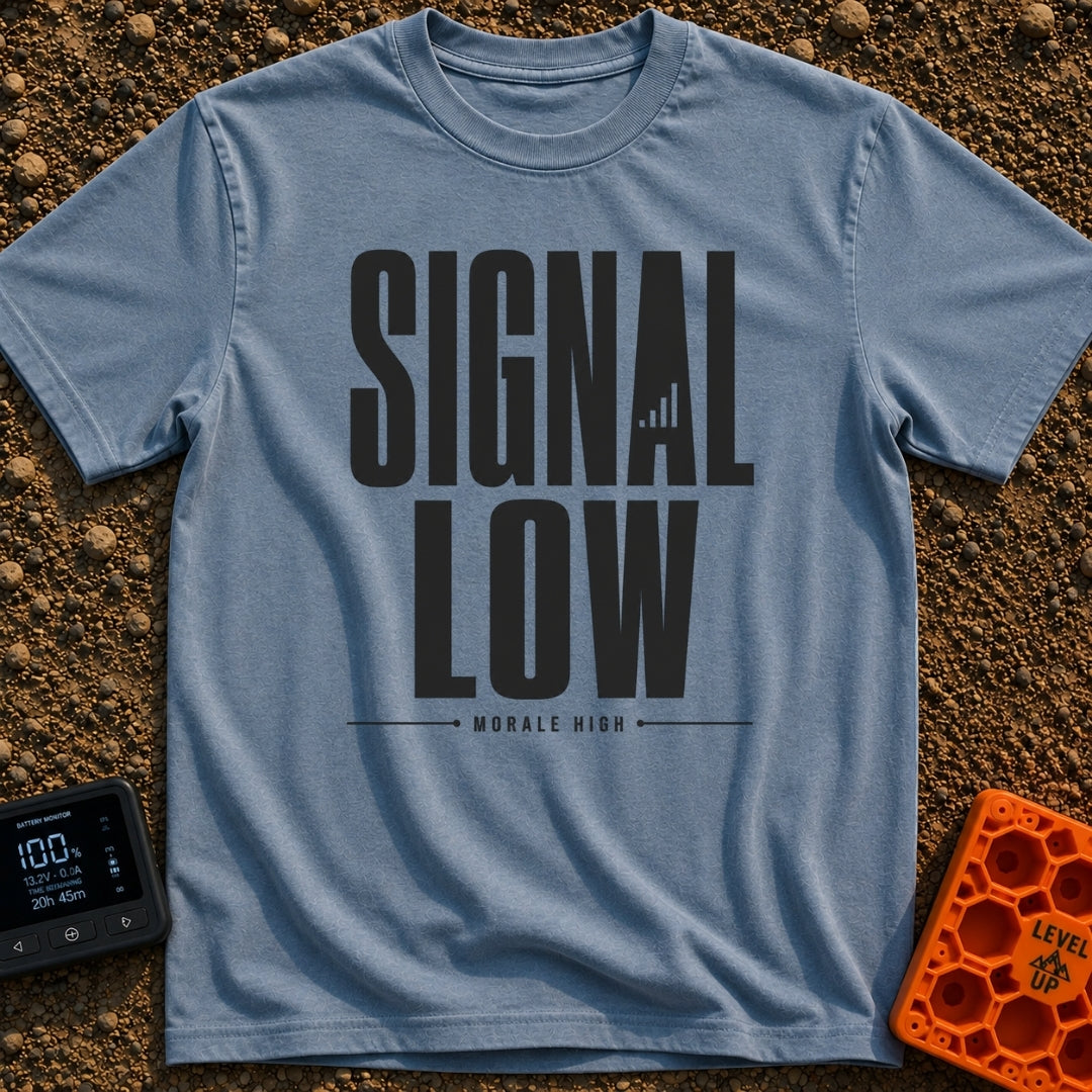 Low Signal High Vibes - T-Shirt in Blue Jean - A typographic design featuring the words "SIGNAL LOW" in large block...