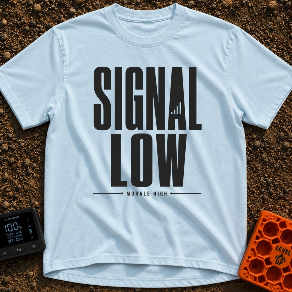 Low Signal High Vibes - T-Shirt in Chambray - A typographic design featuring the words "SIGNAL LOW" in large block...
