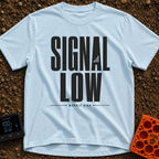 Low Signal High Vibes - T-Shirt in Chambray - A typographic design featuring the words "SIGNAL LOW" in large block...