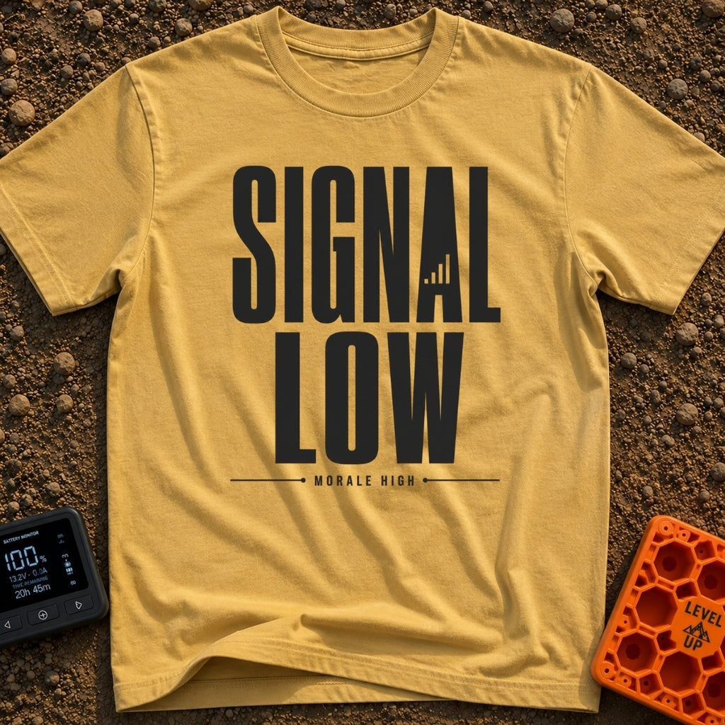 Low Signal High Vibes - T-Shirt in Mustard - A typographic design featuring the words "SIGNAL LOW" in large block...