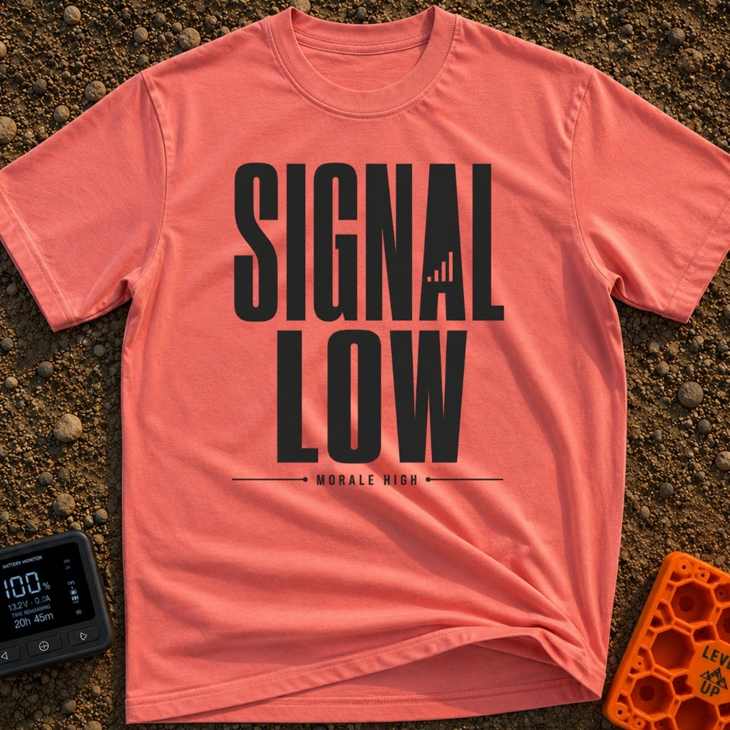 Low Signal High Vibes - T-Shirt in Watermelon - A typographic design featuring the words "SIGNAL LOW" in large block...