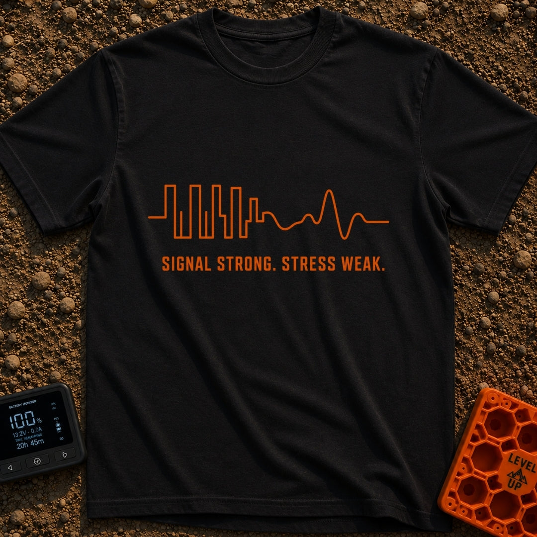 Signal Strong Stress Less - T-Shirt in Black - An orange continuous line drawing that begins as a rigid, erratic square...