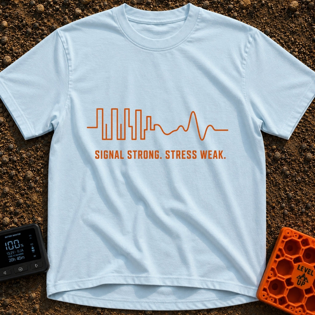 Signal Strong Stress Less - T-Shirt in Chambray - An orange continuous line drawing that begins as a rigid, erratic...