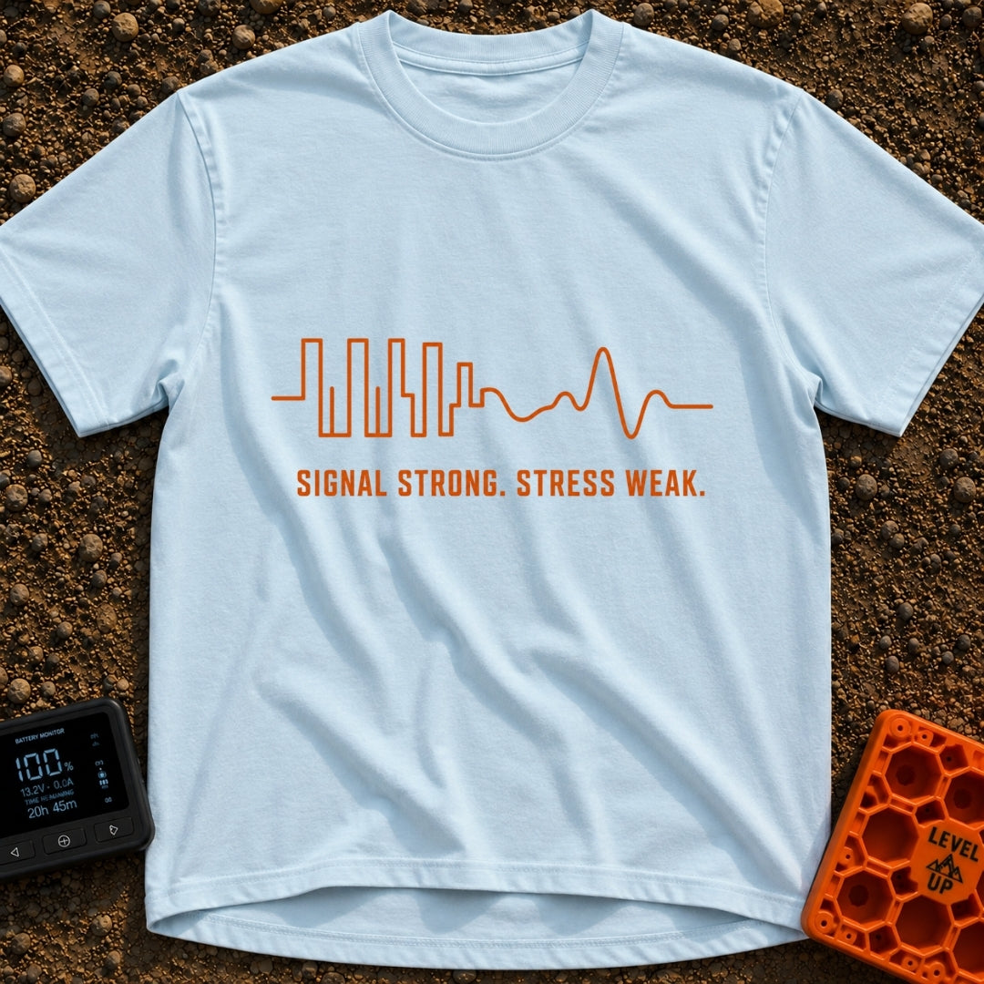 Signal Strong Stress Less - T-Shirt in Chambray - An orange continuous line drawing that begins as a rigid, erratic...