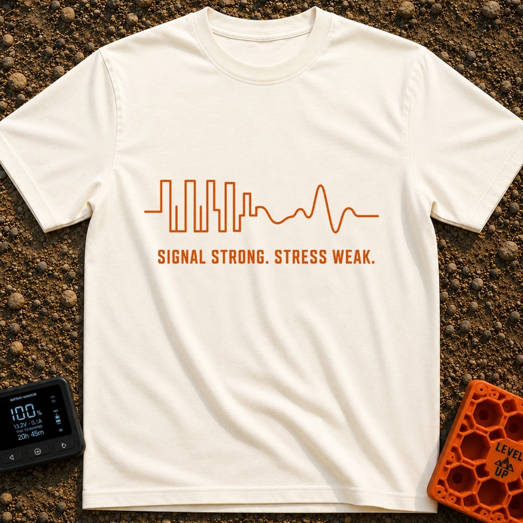 Signal Strong Stress Less - T-Shirt in Ivory - An orange continuous line drawing that begins as a rigid, erratic square...