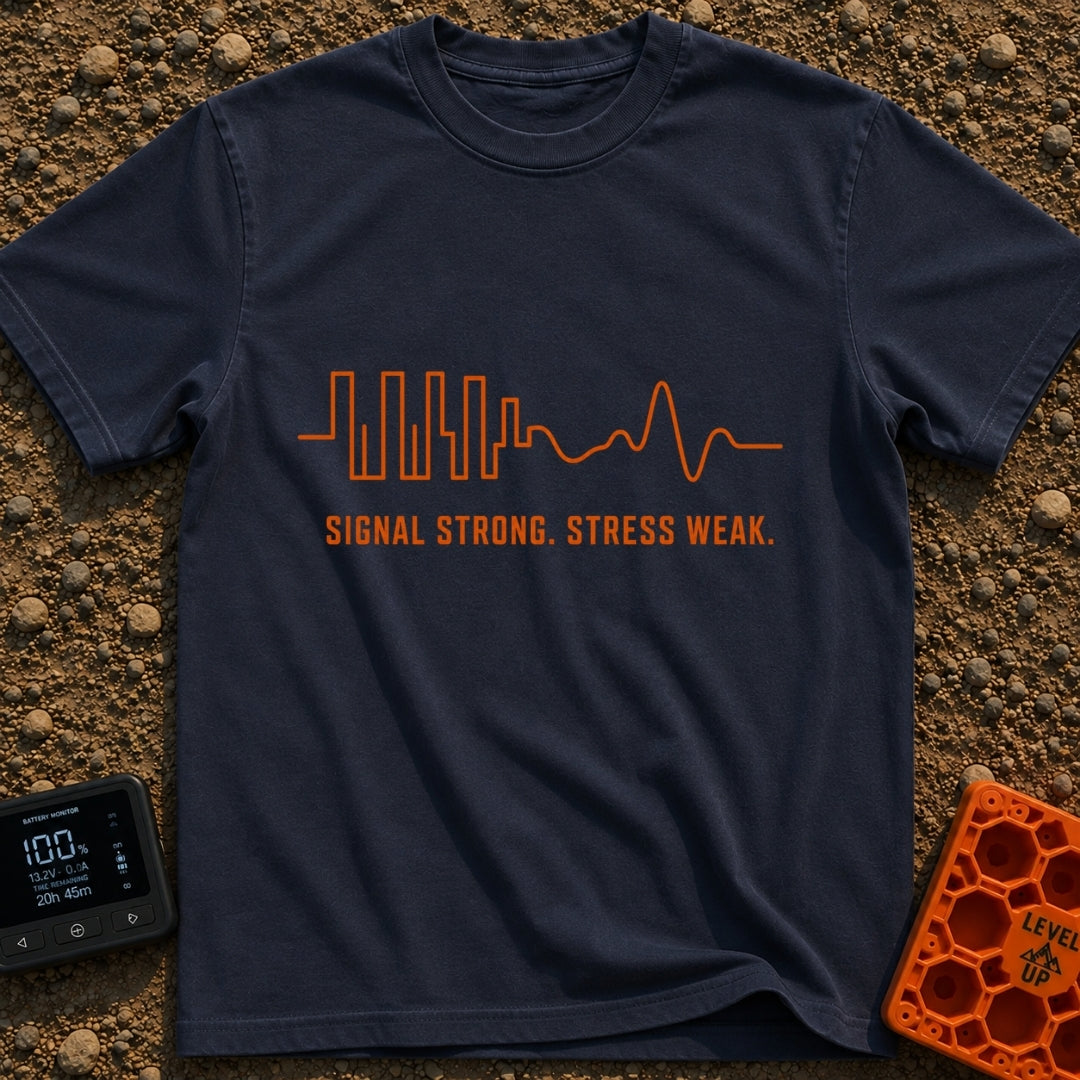 Signal Strong Stress Less - T-Shirt in Navy - An orange continuous line drawing that begins as a rigid, erratic square...