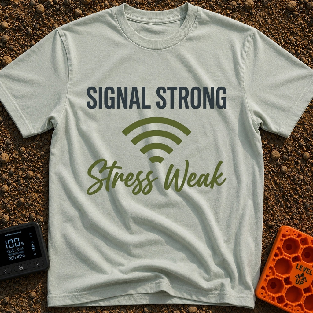 Wi-Fi Zen Mode - T-Shirt in Bay - The design features the text "SIGNAL STRONG" in bold block letters above a full Wi-Fi...