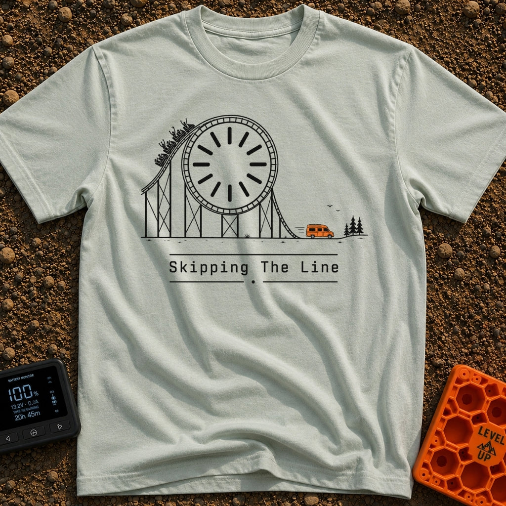 Skip The Line - T-Shirt in Bay - A minimalist line drawing of a roller coaster track that incorporates a large clock face...