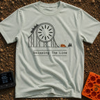 Skip The Line - T-Shirt in Bay - A minimalist line drawing of a roller coaster track that incorporates a large clock face...