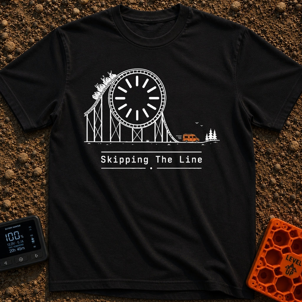 Skip The Line - T-Shirt in Black - A minimalist line drawing of a roller coaster track that incorporates a large clock...