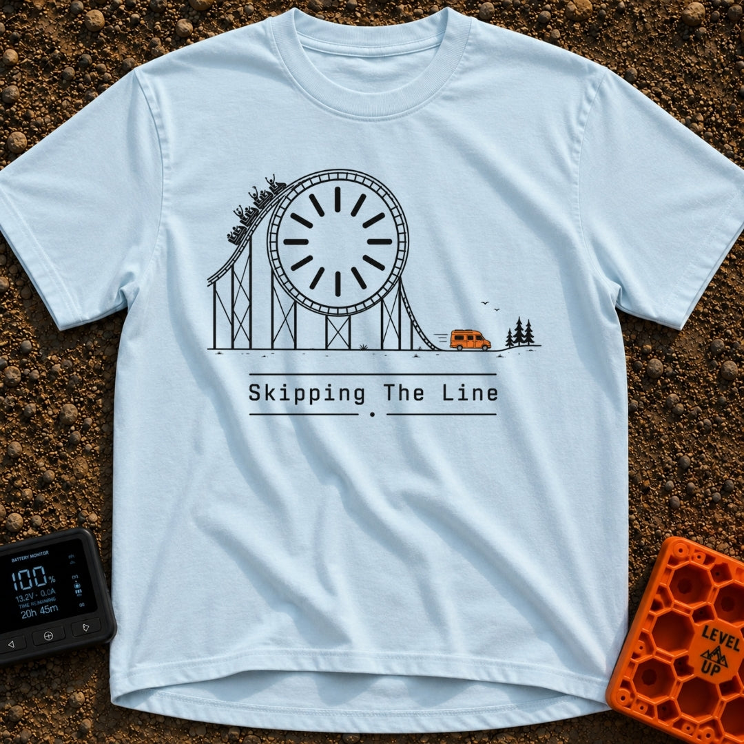 Skip The Line - T-Shirt in Chambray - A minimalist line drawing of a roller coaster track that incorporates a large clock...