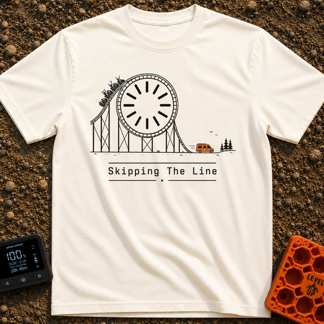 Skip The Line - T-Shirt in Ivory - A minimalist line drawing of a roller coaster track that incorporates a large clock...