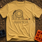 Skip The Line - T-Shirt in Mustard - A minimalist line drawing of a roller coaster track that incorporates a large clock...