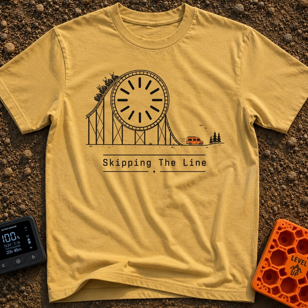 Skip The Line - T-Shirt in Mustard - A minimalist line drawing of a roller coaster track that incorporates a large clock...