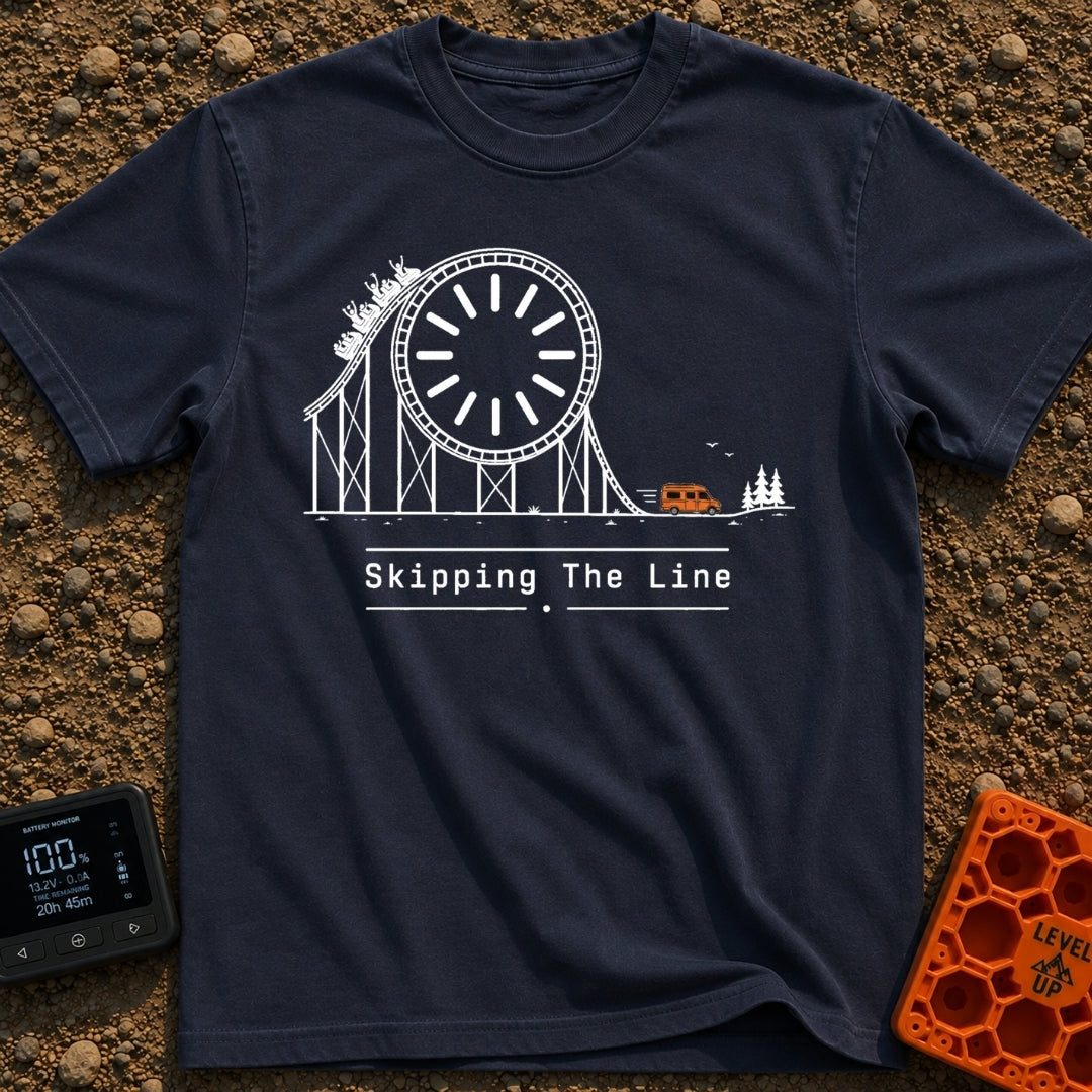 Skip The Line - T-Shirt in Navy - A minimalist line drawing of a roller coaster track that incorporates a large clock...