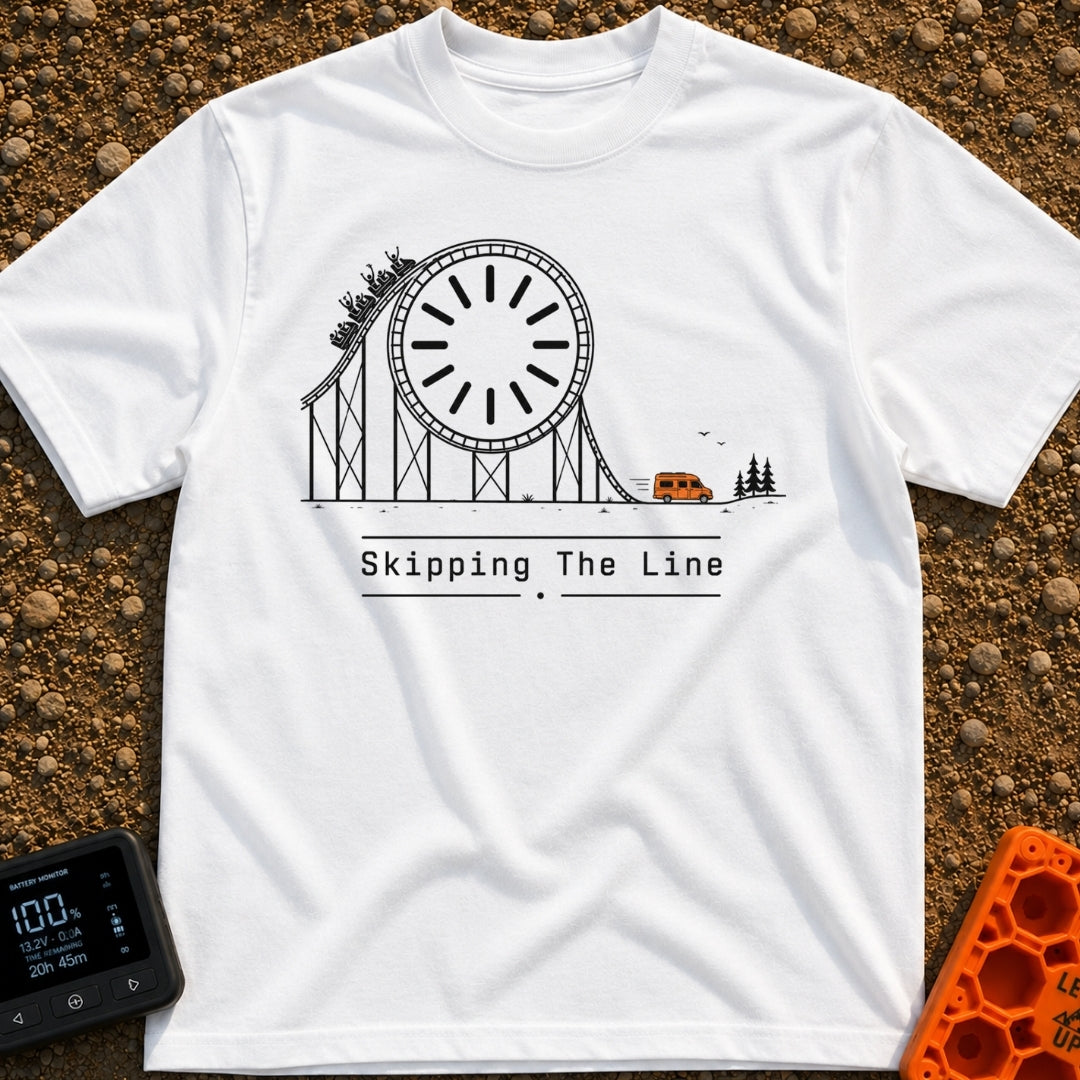 Skip The Line - T-Shirt in White - A minimalist line drawing of a roller coaster track that incorporates a large clock...