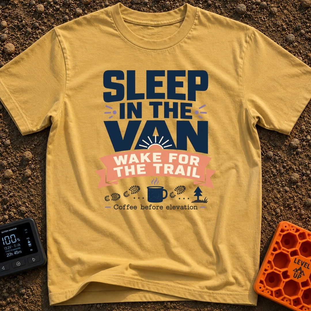 Van Dreams, Trail Scenes - T-Shirt in Mustard - The design features bold typography reading "SLEEP IN THE VAN WAKE FOR...