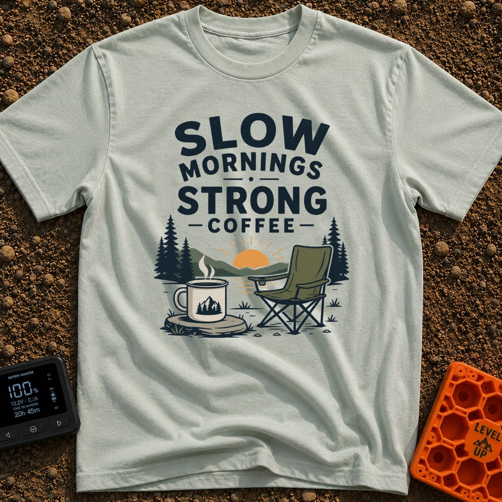 Slow Start Strong Brew - T-Shirt in Bay - The artwork features the text "SLOW MORNINGS STRONG COFFEE" above an...