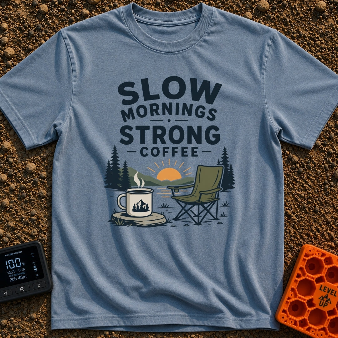 Slow Start Strong Brew - T-Shirt in Blue Jean - The artwork features the text "SLOW MORNINGS STRONG COFFEE" above an...