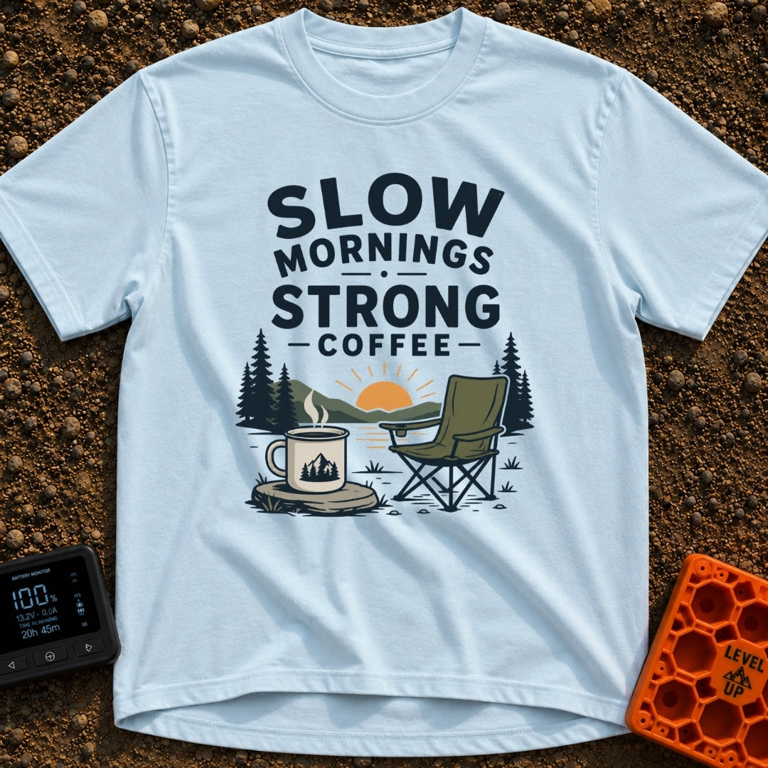 Slow Start Strong Brew - T-Shirt in Chambray - The artwork features the text "SLOW MORNINGS STRONG COFFEE" above an...