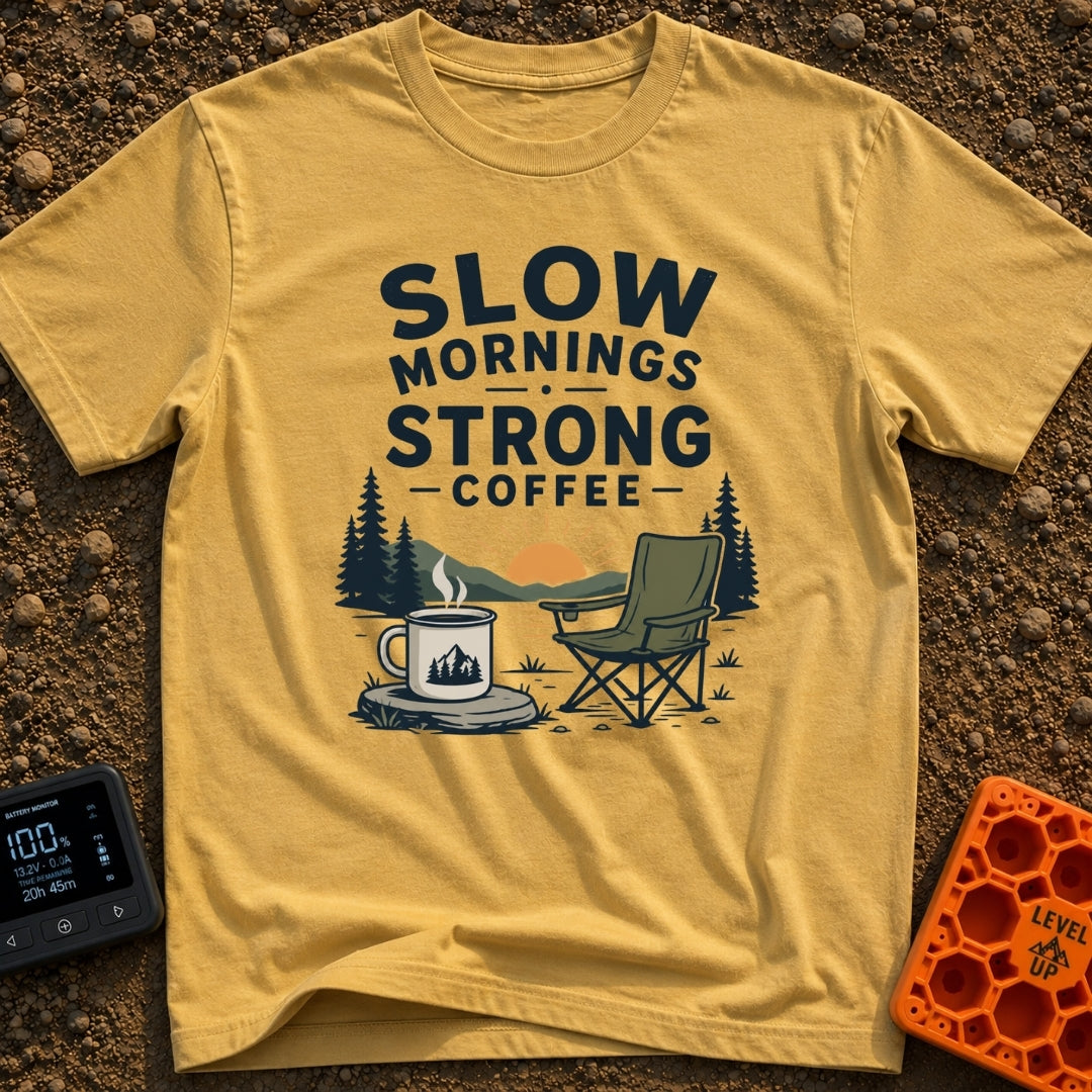 Slow Start Strong Brew - T-Shirt in Mustard - The artwork features the text "SLOW MORNINGS STRONG COFFEE" above an...