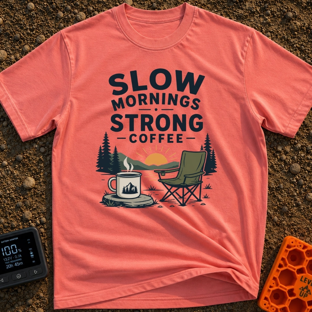 Slow Start Strong Brew - T-Shirt in Watermelon - The artwork features the text "SLOW MORNINGS STRONG COFFEE" above an...