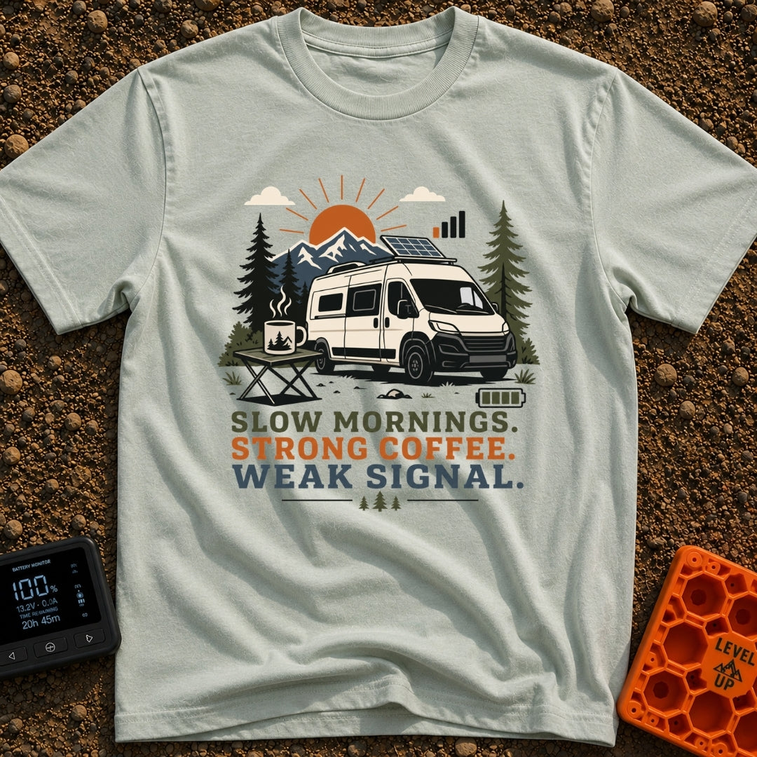 Strong Coffee Weak Signal - T-Shirt in Bay - A white camper van with a roof-mounted solar panel is parked near pine trees...