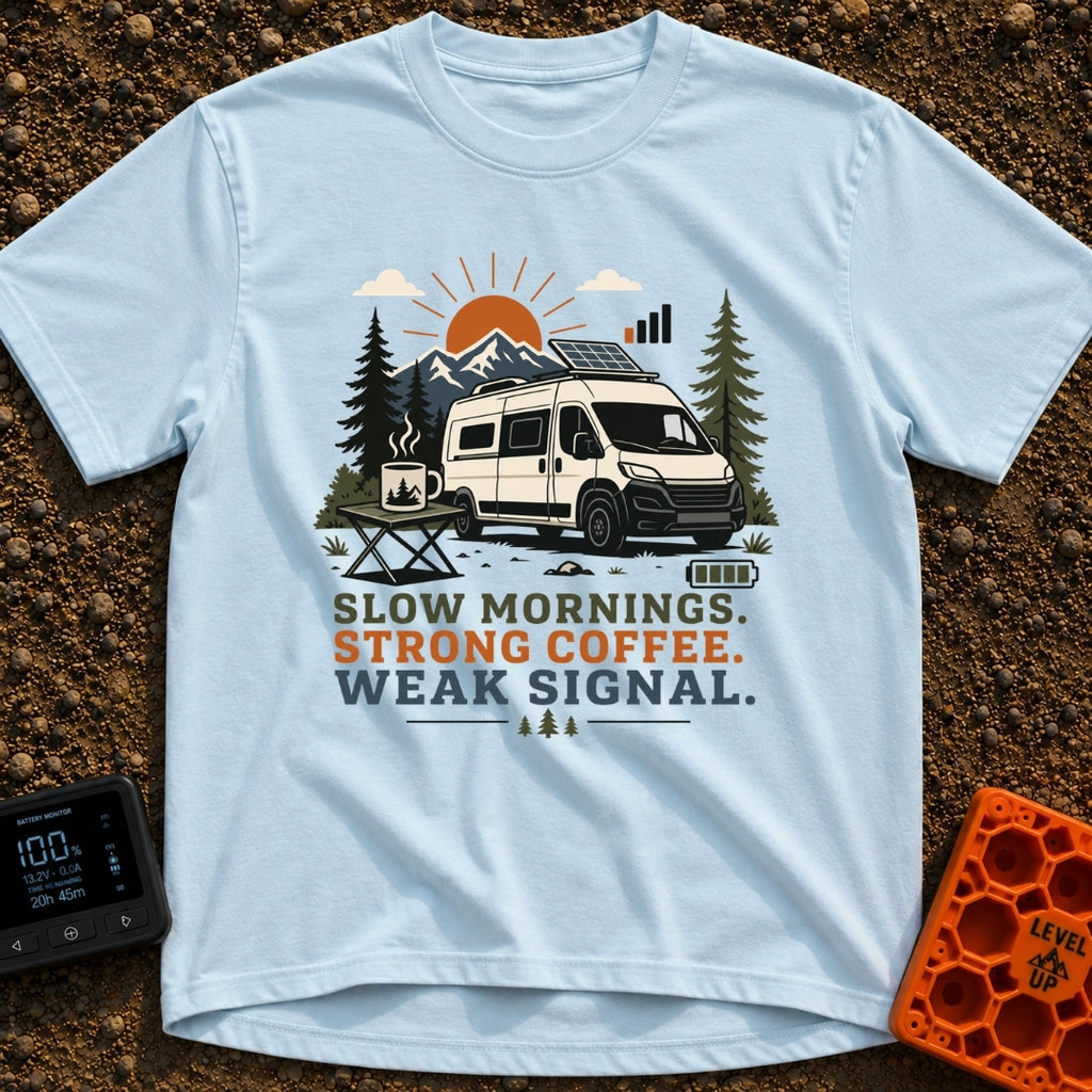 Strong Coffee Weak Signal - T-Shirt in Chambray - A white camper van with a roof-mounted solar panel is parked near pine...