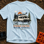 Strong Coffee Weak Signal - T-Shirt in Chambray - A white camper van with a roof-mounted solar panel is parked near pine...