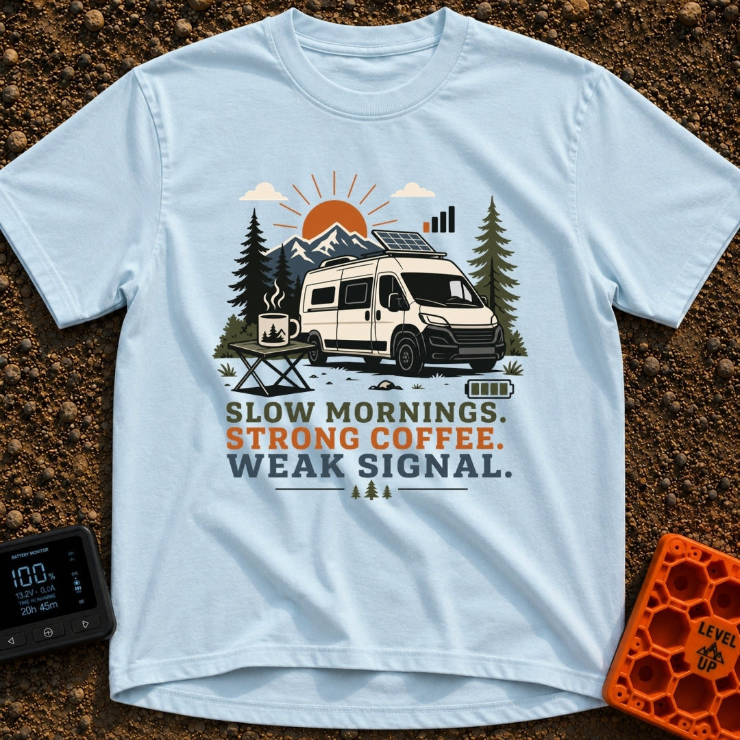 Strong Coffee Weak Signal - T-Shirt in Chambray - A white camper van with a roof-mounted solar panel is parked near pine...