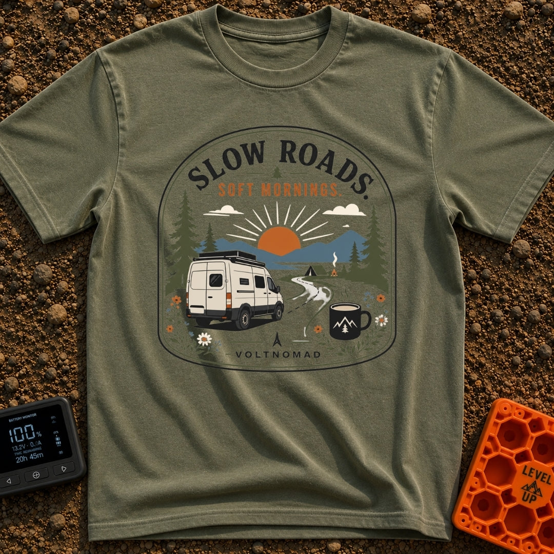 Sip Slow Roll Easy - T-Shirt in Moss - A graphic illustration of a white camper van driving on a winding road toward a...