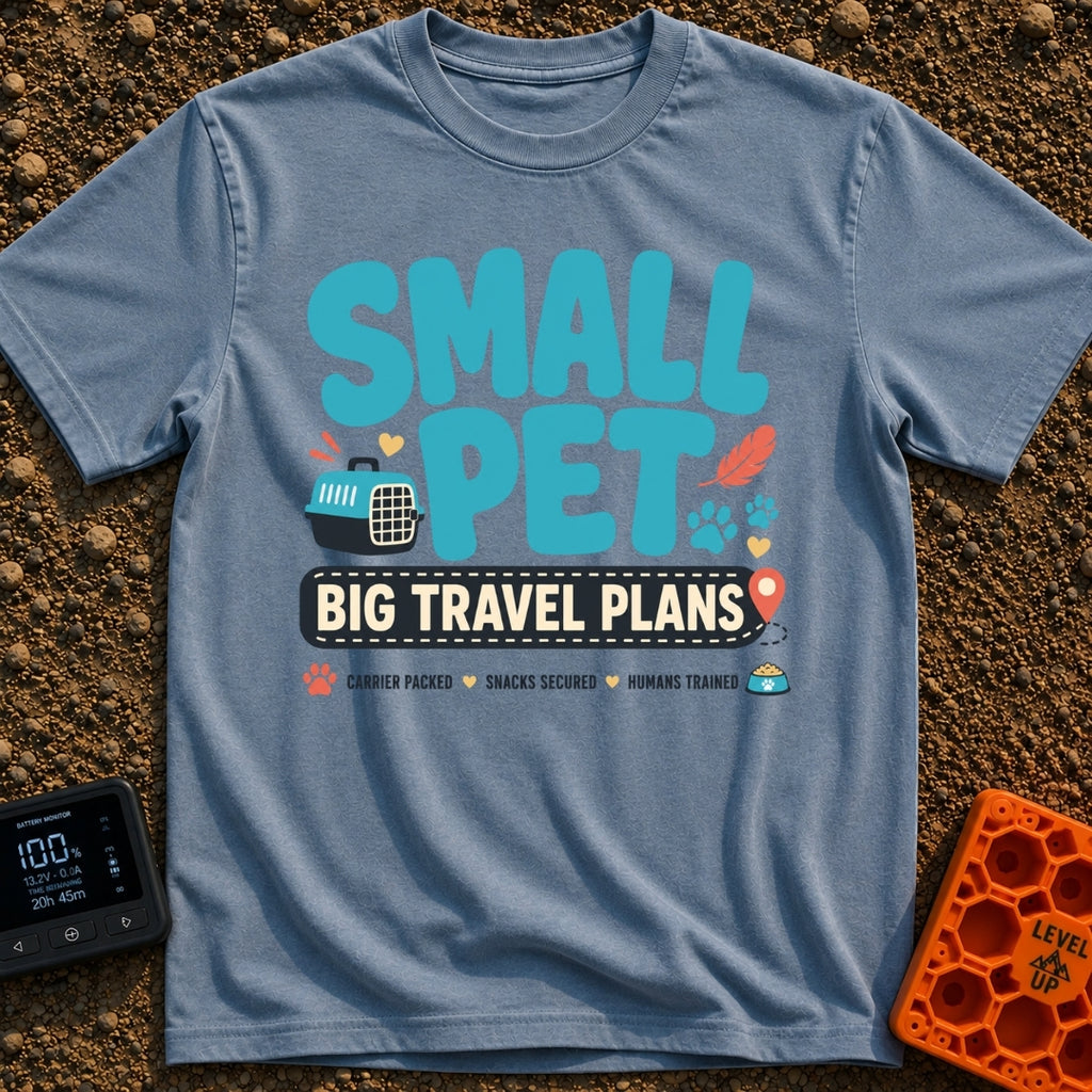 Tiny Traveler Pulse - T-Shirt in Blue Jean - A graphic design featuring the text "SMALL PET BIG TRAVEL PLANS" surrounded...