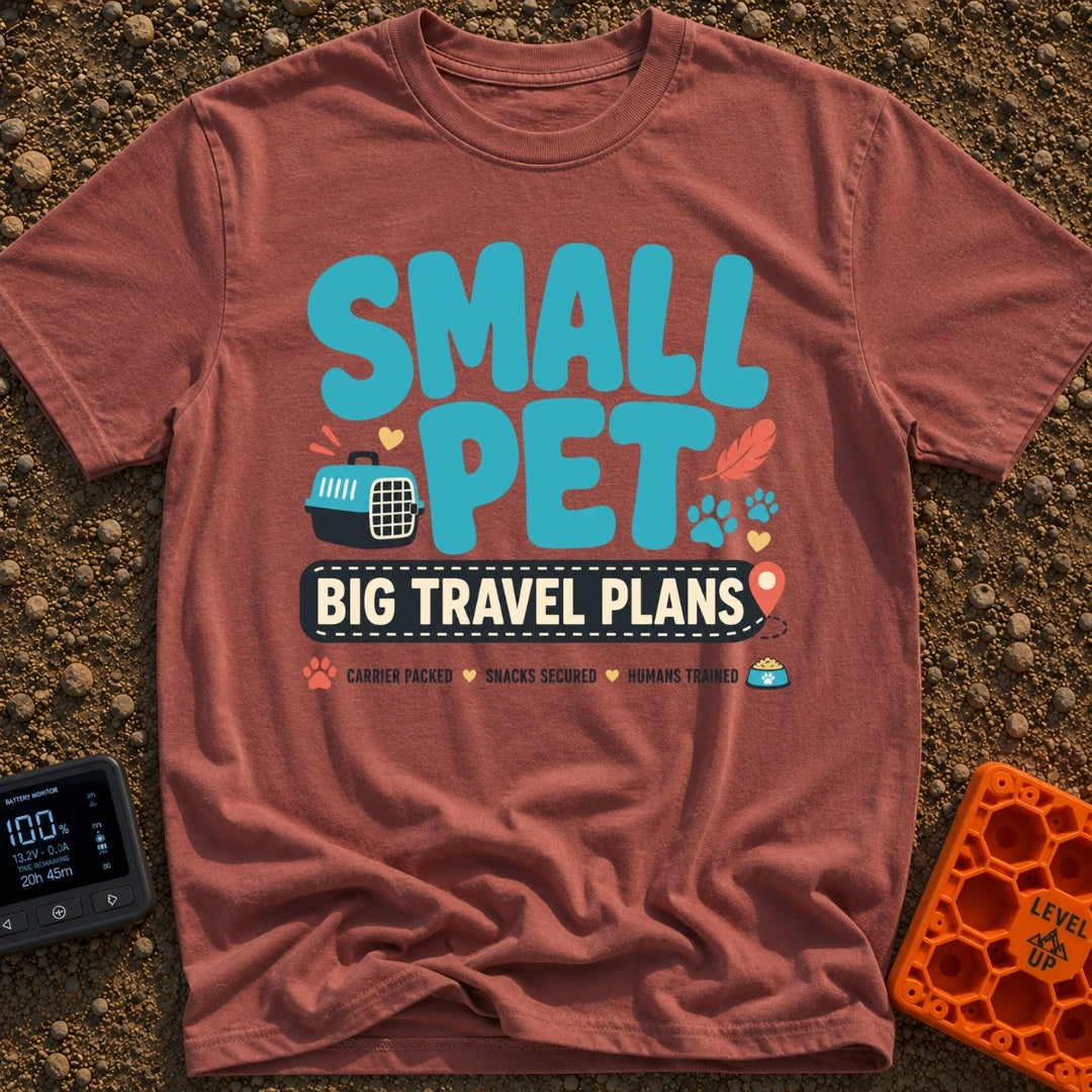 Tiny Traveler Pulse - T-Shirt in Brick - A graphic design featuring the text "SMALL PET BIG TRAVEL PLANS" surrounded by...