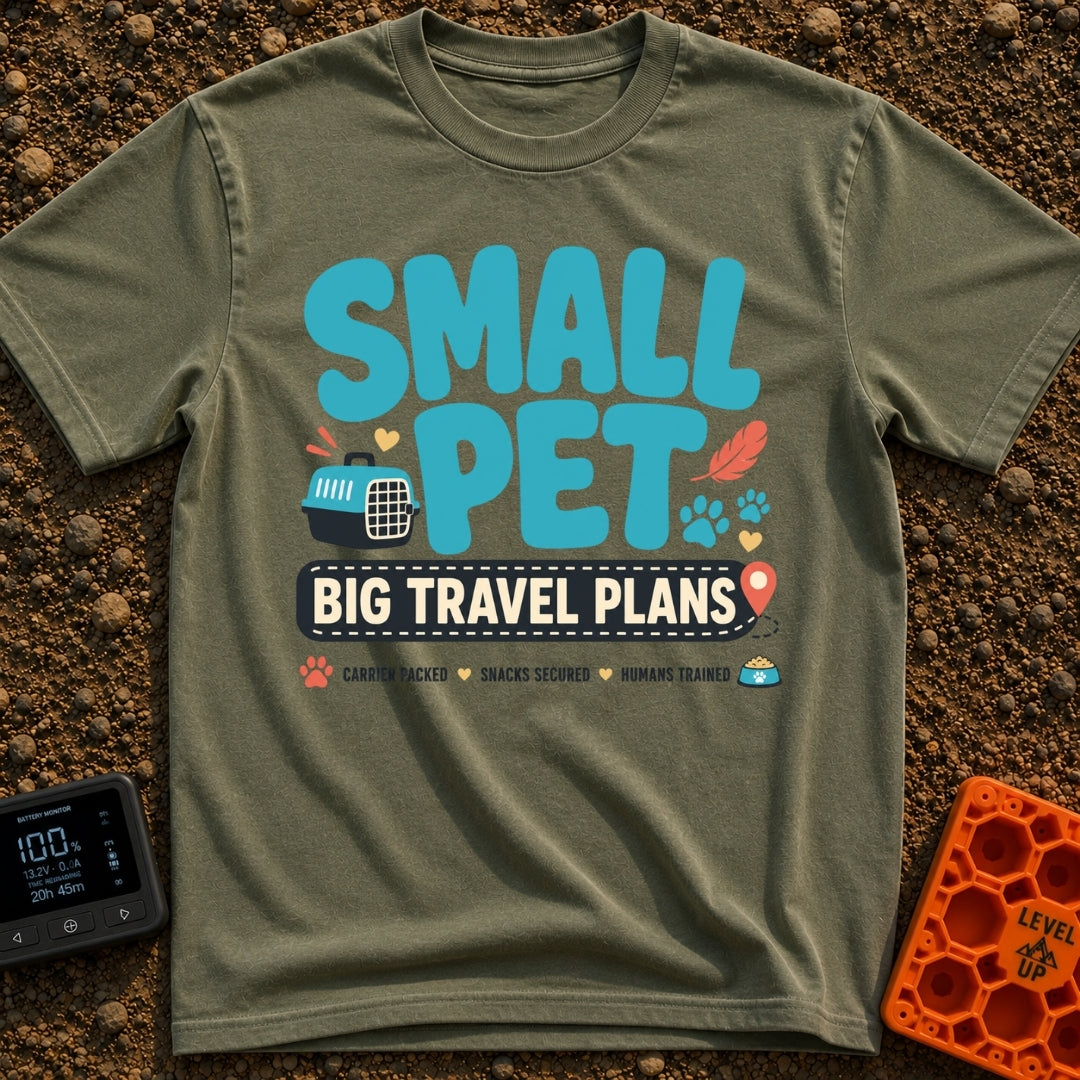 Tiny Traveler Pulse - T-Shirt in Moss - A graphic design featuring the text "SMALL PET BIG TRAVEL PLANS" surrounded by...