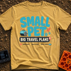 Tiny Traveler Pulse - T-Shirt in Mustard - A graphic design featuring the text "SMALL PET BIG TRAVEL PLANS" surrounded by...