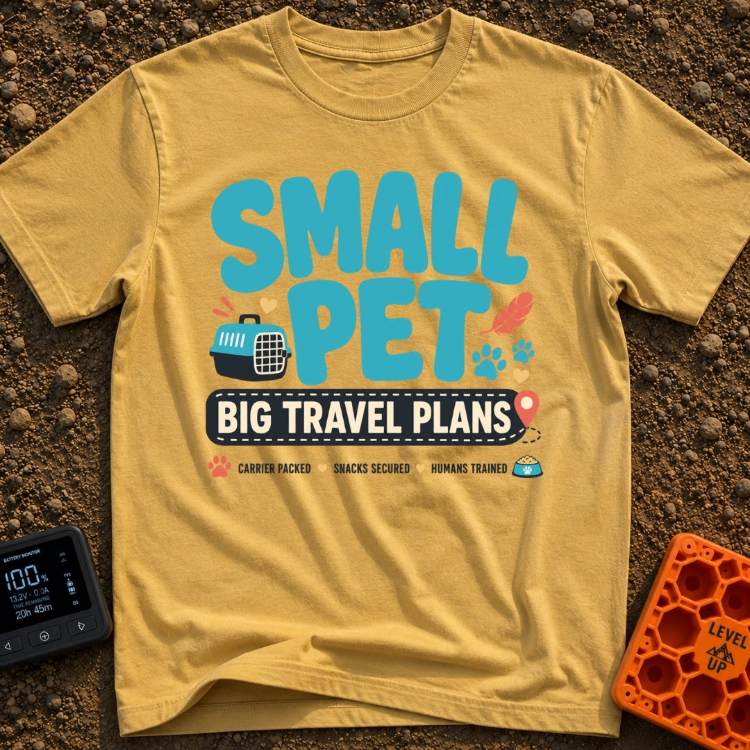 Tiny Traveler Pulse - T-Shirt in Mustard - A graphic design featuring the text "SMALL PET BIG TRAVEL PLANS" surrounded by...