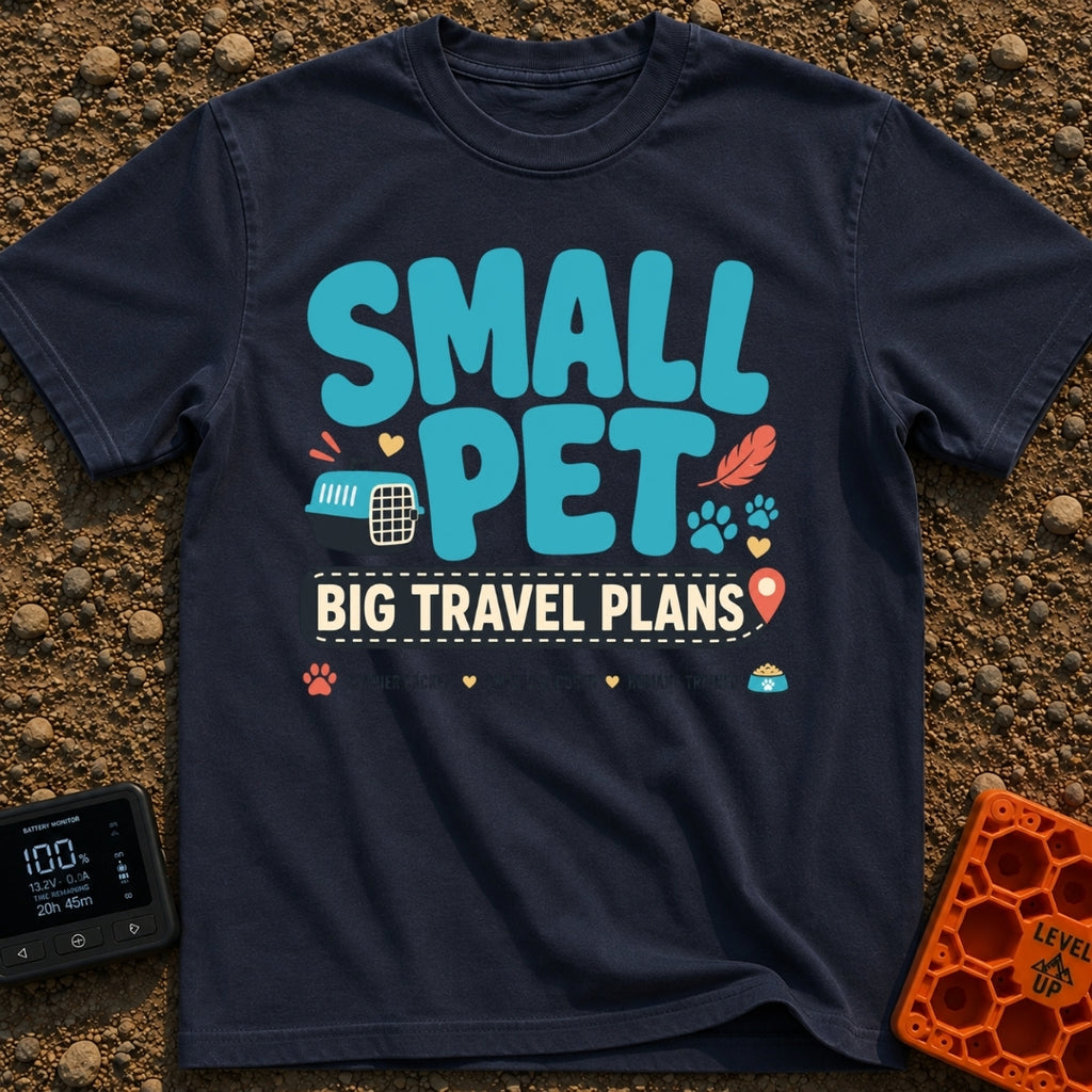 Tiny Traveler Pulse - T-Shirt in Navy - A graphic design featuring the text "SMALL PET BIG TRAVEL PLANS" surrounded by...