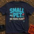 Tiny Traveler Pulse - T-Shirt in Navy - A graphic design featuring the text "SMALL PET BIG TRAVEL PLANS" surrounded by...