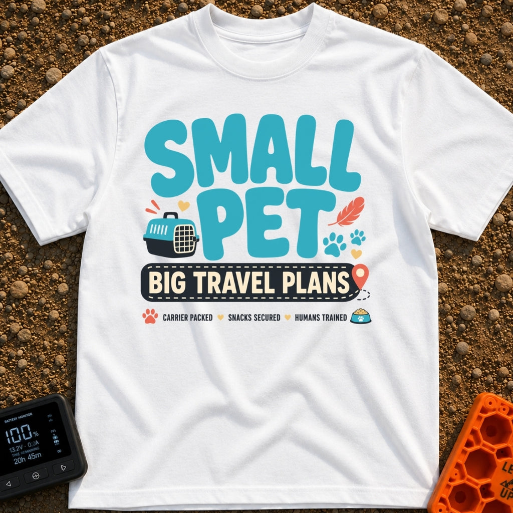Tiny Traveler Pulse - T-Shirt in White - A graphic design featuring the text "SMALL PET BIG TRAVEL PLANS" surrounded by...
