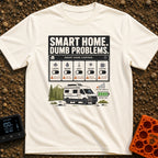 Smart Home Dumb Problems - T-Shirt in Ivory - A graphic showing a mock "Smart Home Control" interface with switches for...